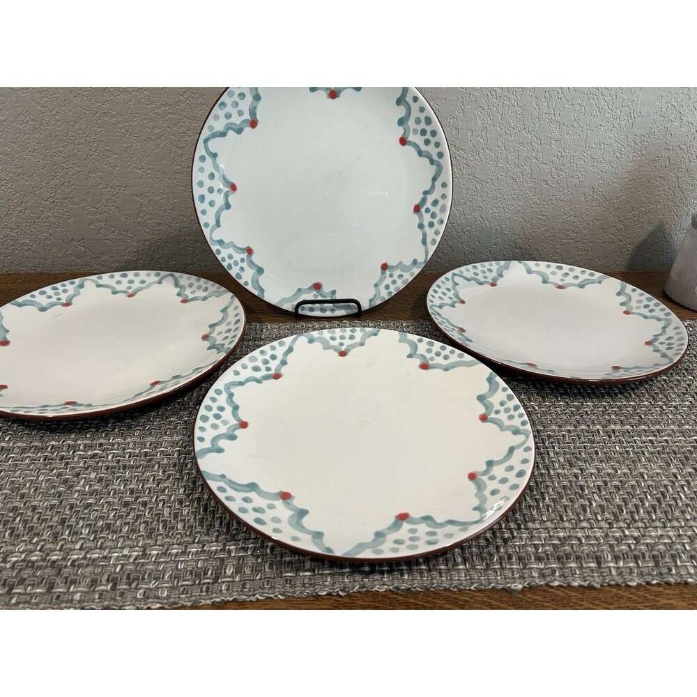 Pier One Terracotta Collection Dinner Plates Blue Pattern Dots Set Of 4